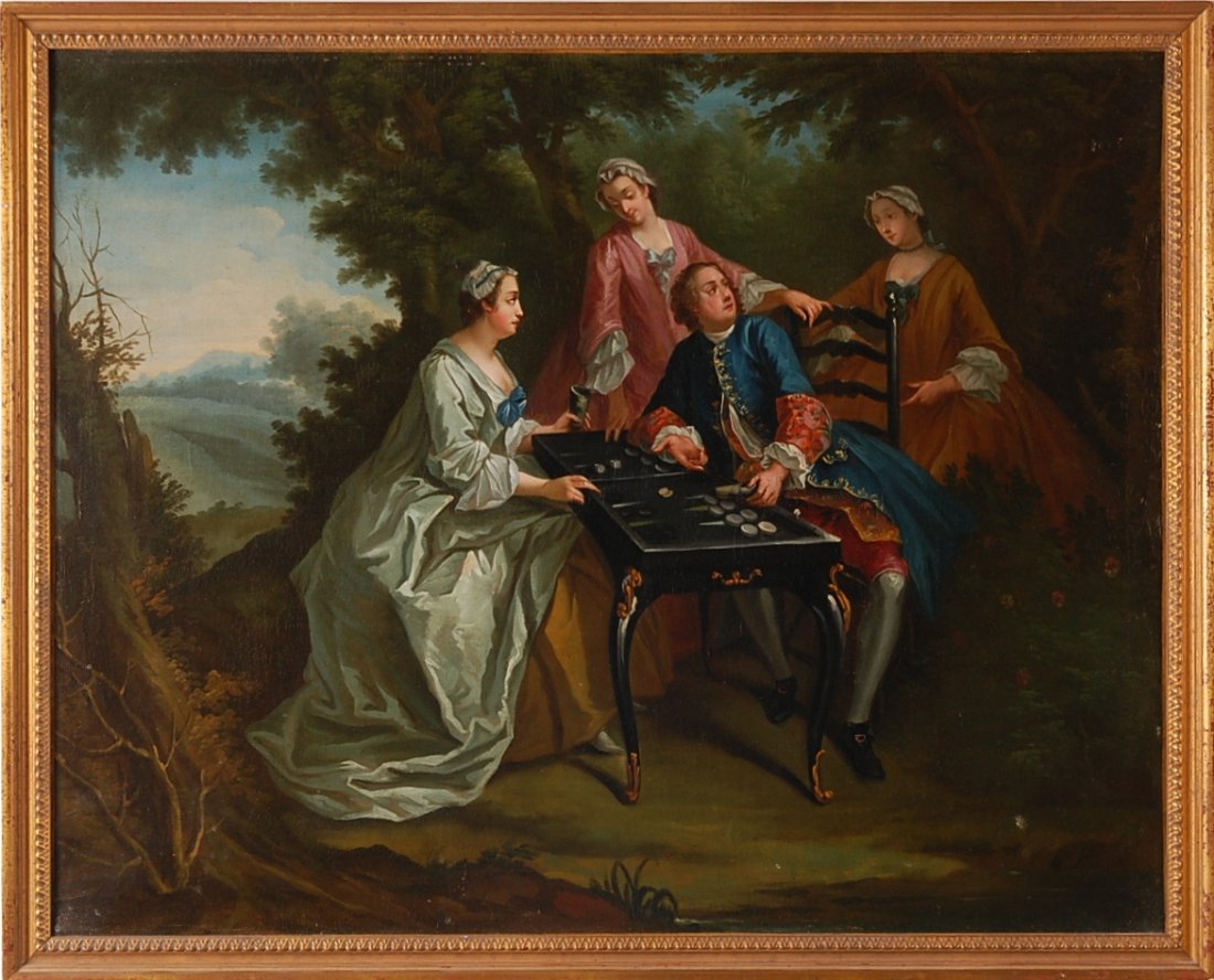 AFTER NICOLAS LANCRET TWO 19TH-C. OIL ON CANVAS PAI: Couples in 18th-century dress at tea and games. Each measures 25.5 x 32 inches in matching 27.25 x 34 inch frames