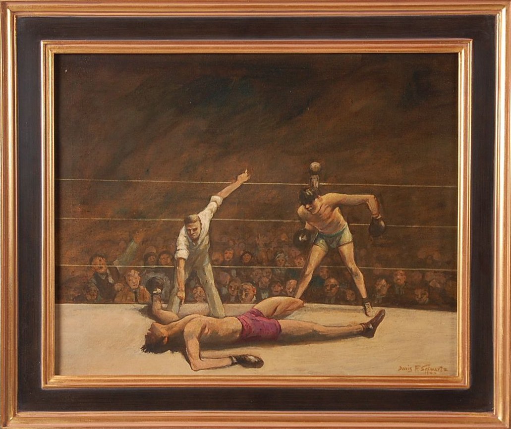 DAVIS FRANCIS SCHWARTZ (1879-1969) OIL ON CANVAS: Titled 'Knock Down', signed lower right with a date of 1947. Schwartz was a landscape painter and illustrator born in Kentucky who, after studying at the Art Institute of Chicago and elsewhere, settle