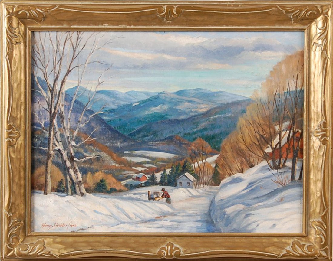 HARRY SHOKLER (1896-1978) OIL ON CANVAS: Titled 'RFD', signed lower left with a date of 1952. Shokler primarily lived and worked in New York and was a WPA artist during the 1930s. Measures 18 x 24 inches.