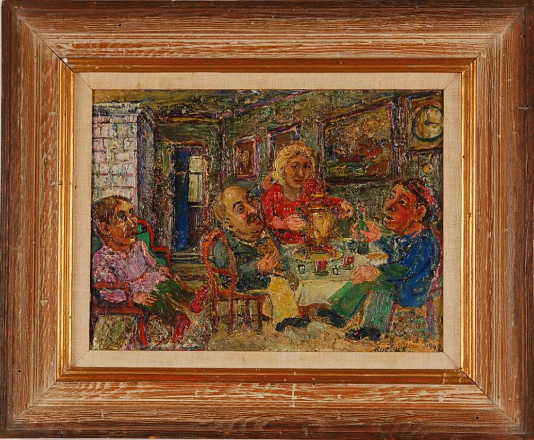 DAVID BURLIUK (1882-1967) IMPASTO OIL ON ARTIST'S: Titled 'Tea Party', an interior scene with figures around a table and paintings on the wall. Signed lower right with a date of 1949. Painted on a Lloyds 'Pure Linen' canvas panel. On the reverse are t