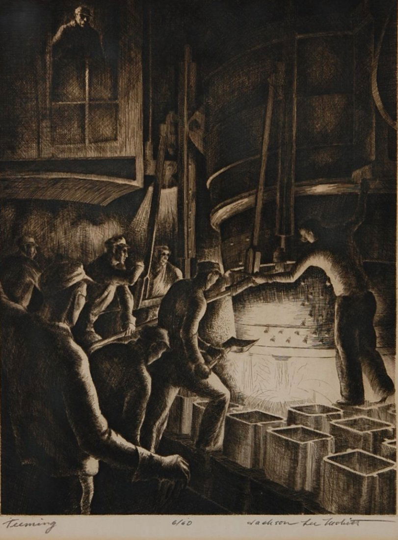 JACKSON LEE NESBITT (1913-2008) PENCIL SIGNED ETCH: Signed lower right, titled 'Teeming' lower left, numbered 6/60 center. Measures 11.75 x 9.25 inch image field through the mat and 20.75 x 16.75 inch frame size. Original label on the reverse side.