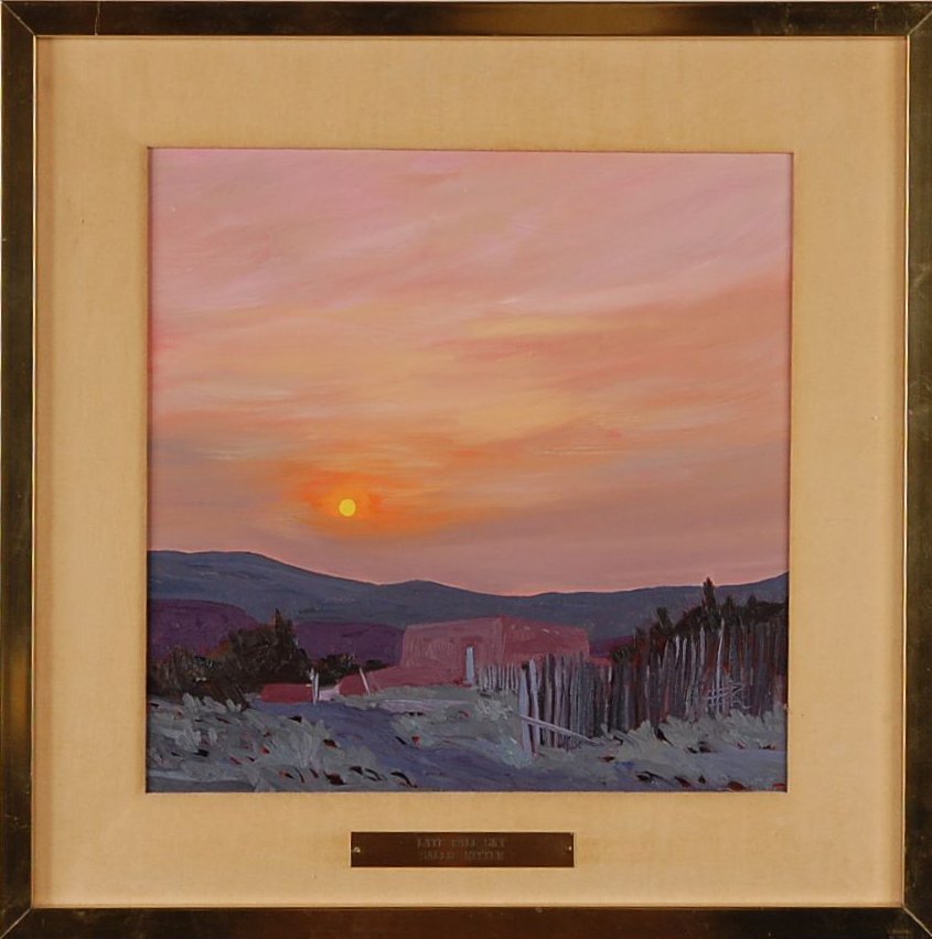 SALLIE RITTER (20TH CENTURY) OIL ON PANEL 'LATE FA: Sallie Ritter (20th Century, New Mexico), oil on panel, titled 'Late Fall Sky,' signed lower right corner. 12 x 12 inches, 16.75 x 16.75 inch frame. With Sallie Ritter pamphlet.