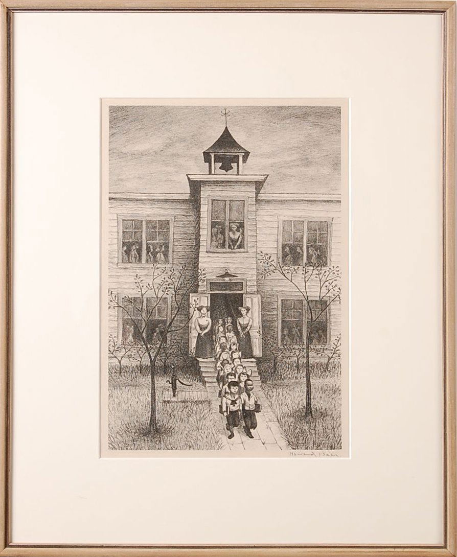 HOWARD BAER (1906-1986) PENCIL SIGNED LITHOGRAPH: Titled 'School's Out', edition of 250, ca. 1935, published by Associated American artists (AAA), original label verso. Pencil signed lower right. Measures 12.75 x 8.5 inches. Original frame but re mat