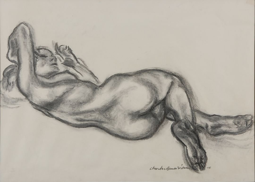 CHARLES BANKS WILSON (born 1918) ORIGINAL CHARCOAL: Signed lower right and dated 1975. Study of a nude that measures 17.75 x 24.5 inch sight size, 24 x 29.5 inch frame.