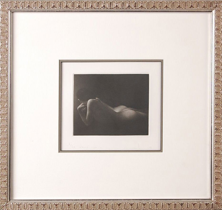 MIKIO WATANABE (1954- ) PENCIL SIGNED MEZZOTINT: An edition of 75, this being number 7 as noted lower left in pencil with title 'Two Nudes III', signed lower right, 1987. Measures 5.25 x 6.25 inches. Nicely framed and matted to museum standards..
