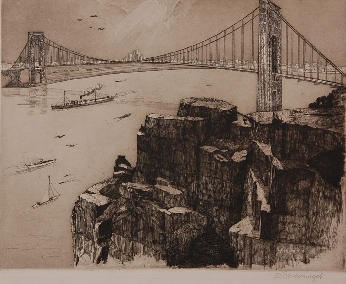OTTO WACKERNAGEL (1885-1969) PENCIL SIGNED ETCHING: Signed lower right. 10.5 x 13.25 inch image field, 12.75 x 15.25 inch sheet size.
