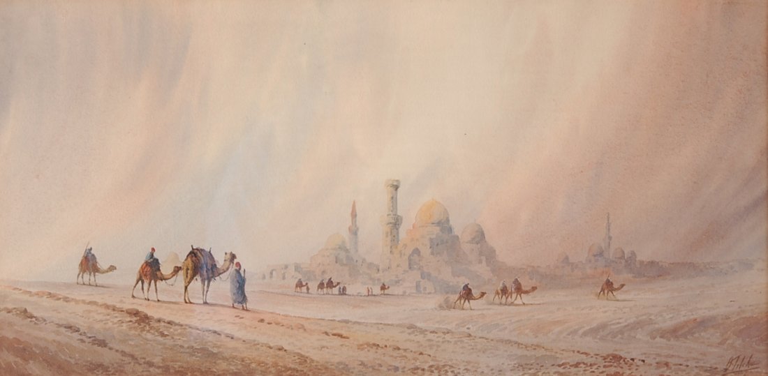 OTTO TILCHE (British 19th/20th century) WATERCOLOR: Orientalist scene, signed lower left, measures 9.75 x 13.25 inch sight size, 17.5 x 27 inch frame.