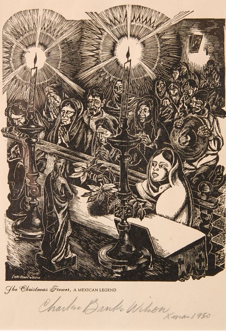 CHARLES BANKS WILSON (1918 - ) PENCIL SIGNED BLOCK: Signed in the plate and titled 'The Christmas Flowers –A Mexican Legend', pencil signed with caption of Xmas 1950. Measures 6.5 x 5.25 inches.
