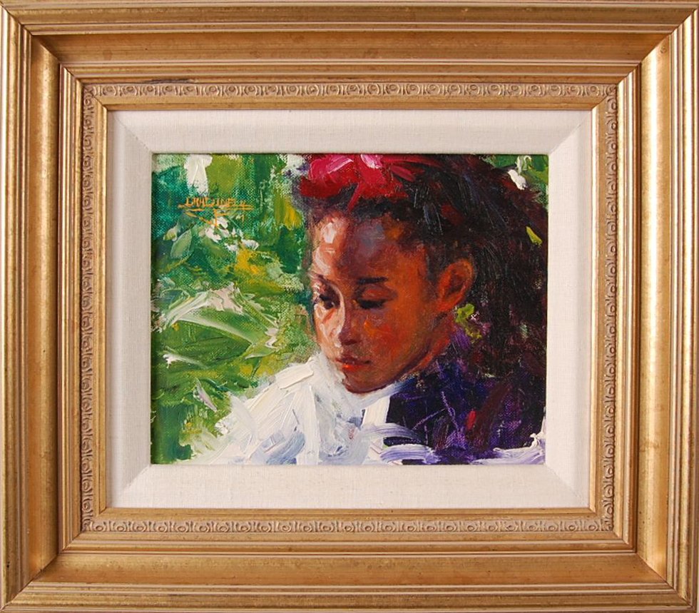 JOEL 'DRAGONFLY' COOK OIL ON BOARD: Titled 'Quiet Moment', signed upper left, 1986. African American artist from Colorado. Measures 8 x 10 inches. Provenance Valhalla Gallery, Wichita Kansas.