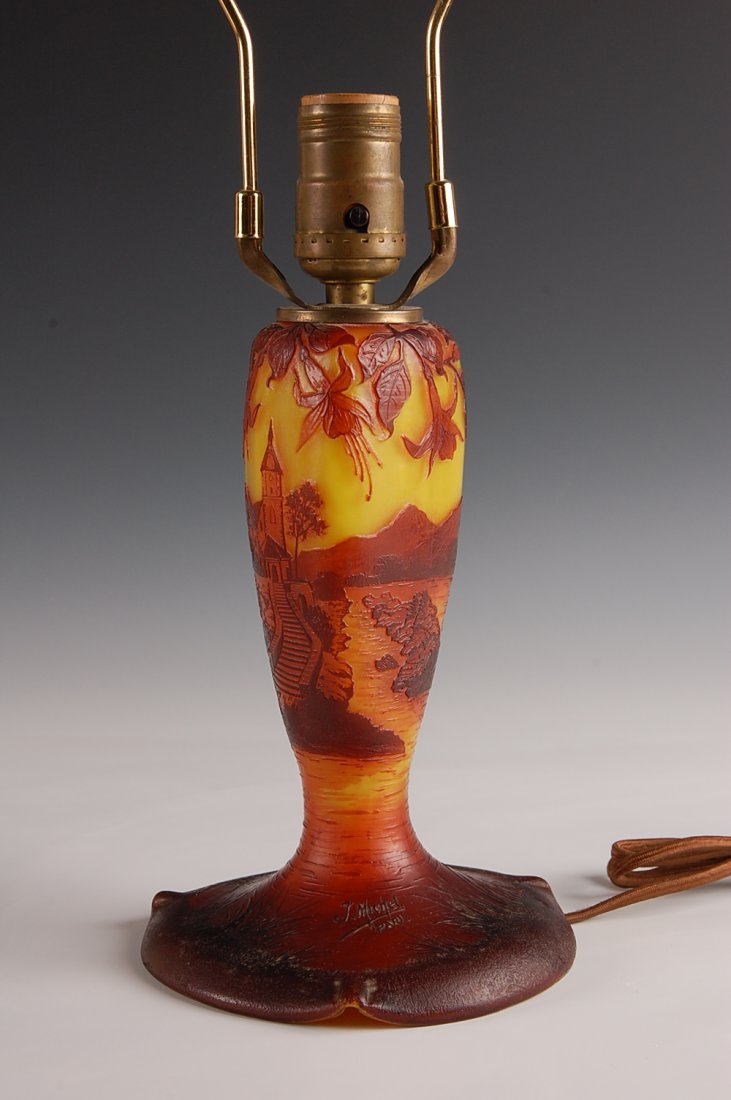 FRENCH CAMEO GLASS LAMP BASE: Signed J. Michel, Paris in relief. Measures 8 x 6 inches diameter base, Glass only.