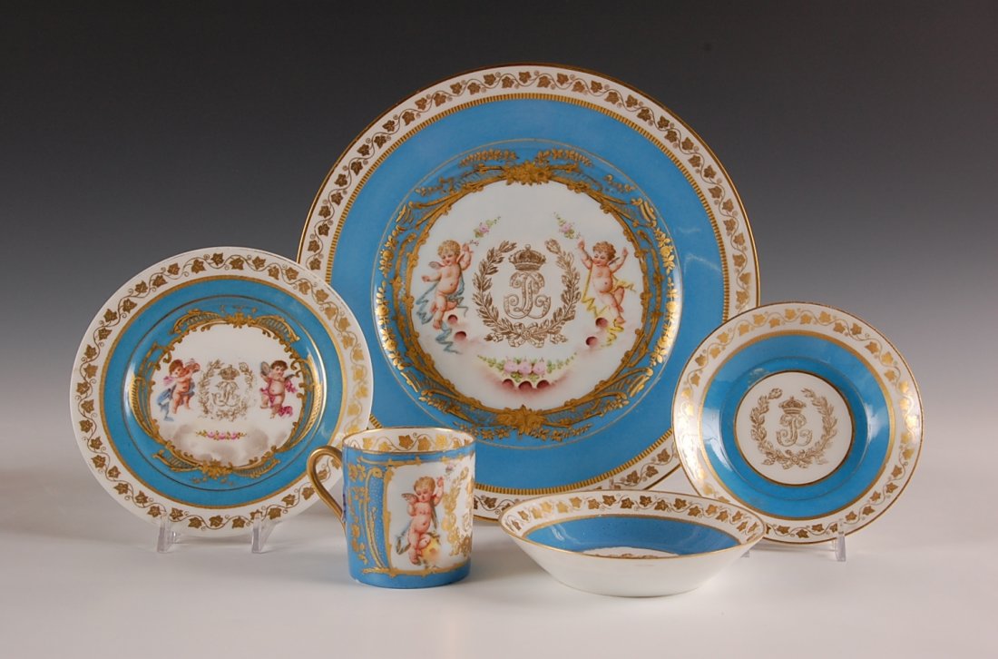 SERVES FRENCH PORCELAIN WITH LOUIS PHILIPPE MONOGR: Large plate measures 10 inches, cup measures 2.5 x 3.25 inches.