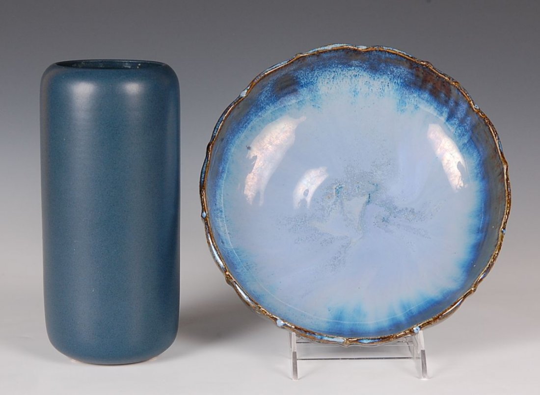 MARBLEHEAD ART POTTERY VASE FULPER ART POTTERY BOW: Marblehead vase with impressed logo signature underside of the base measures 9 x 4 inches and has a hairline crack at the rim. The Fulper bowl measures 3.25 x 9.5 inches.