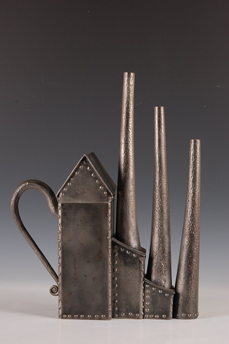 INDUSTRIAL THEME RIVETED IRON TEA POT SCULPTURE: Illegibly signed on the under side of the lid. Measures 14 x 11.5 inches.