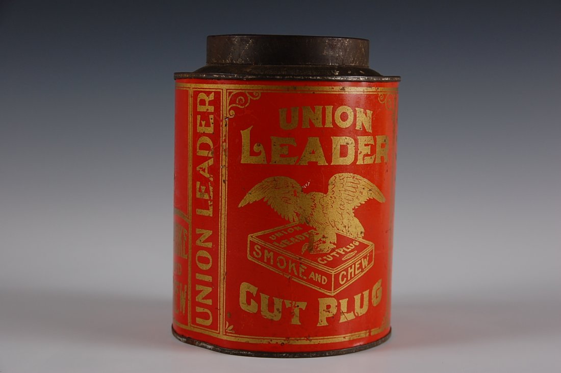 UNION LEADER CUT PLUG ROUND TOBACCO TIN: Measures 6.5 inches.