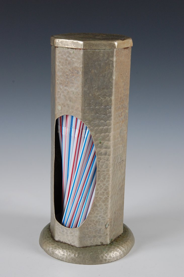 CIRCA 1910 HAMMERED NICKEL STRAW HOLDER: Mark on one side of Liggett's and makers stamp of INTERNATIONAL SHEFFIELD WORKS INC. N.Y. CITY, HAND HAMMERED. Measures 10.5 inches.