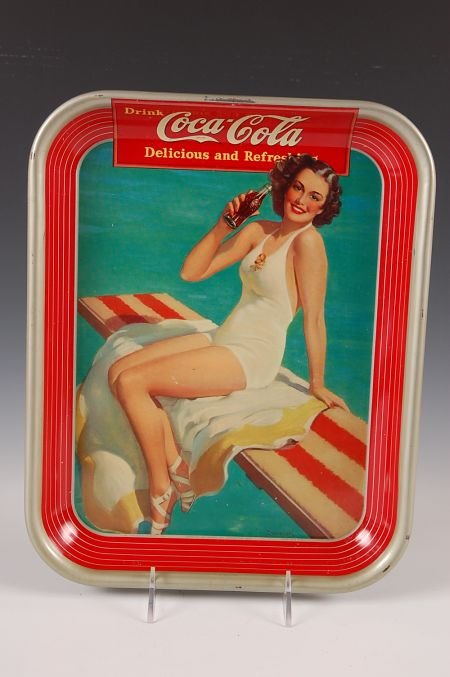 1939 COCA COLA SERVING TRAY: Girl in a white bathing suit. Measures 13.5 x 10.5 inches.