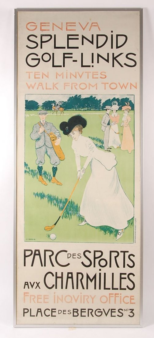1898 STONE LITHOGRAPH POSTER WITH LADY GOLFER: Three separate sheets laid on linen advertising Geneva Splendid Golf Links. The image is after a painting by Swiss artist Henri Claude Forestier (1875 - 1922), printed in Geneva by Societe Suisse D' A