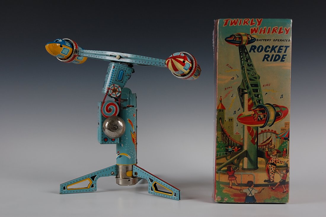 TWIRLY WHIRLY ROCKET RIDE BATTERY OP TOY, MIB: Rocket Ride by Alps, Japan measures 11 x 12 inches. Box measures 12 x 5 x 4.5 inches.