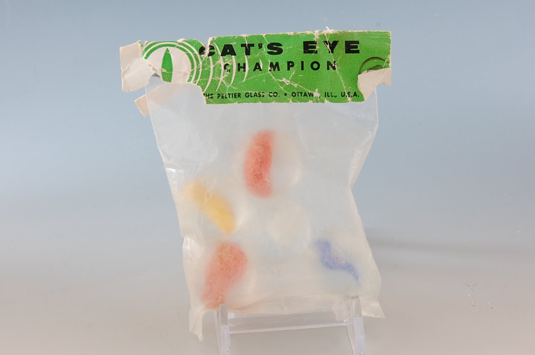 MARBLES ORGINAL BAG & 5 PELTIER CAT,S EYES, 1''