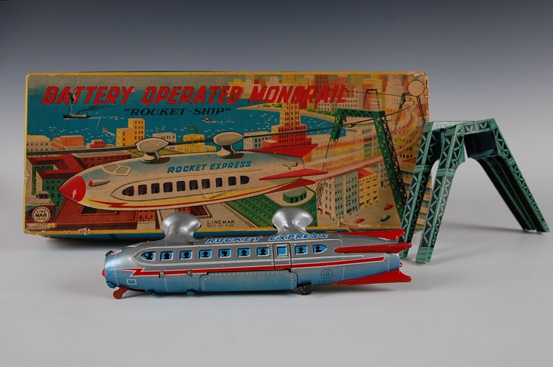 LINEMAR BATTERY OPERATED MONORAIL ROCKET EXPRESS: Rocket measures 10 inches. Box measures 3 x 15.5 x 6.25 inches.