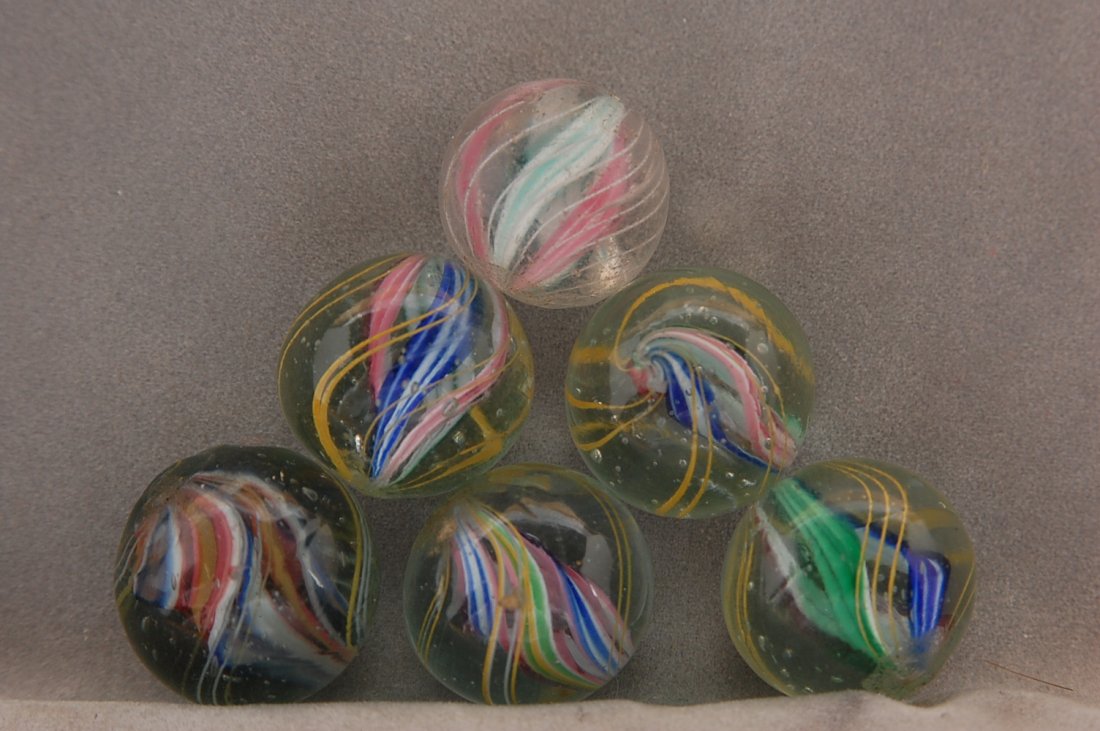 MARBLES 6 RIBBON CORE SWIRLS, HAND MADE 11/16 TO 3/4''