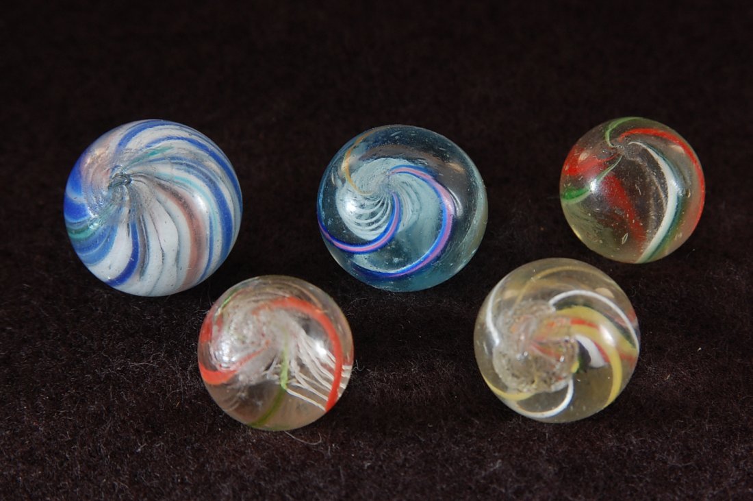 MARBLES LOT OF FIVE HAND MADE ONE ONIONSKIN 4 SWIRLS