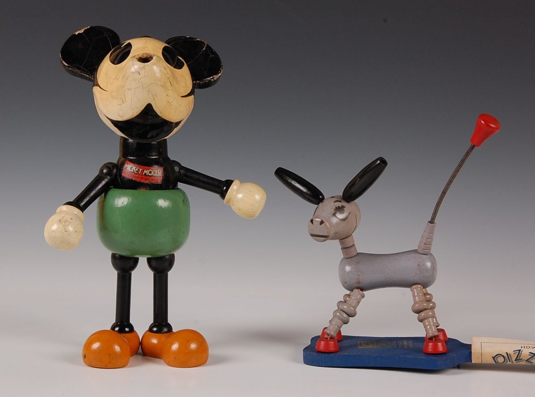 TWO C. 1930S TOYS INCLUDING MICKEY MOUSE DISNEY: A Fisher-Price 'DIZZY DONKEY' pop-up toy and Mickey Mouse jointed doll as found condition, needs restringing at least. Measure 2 inches to 11 inches.