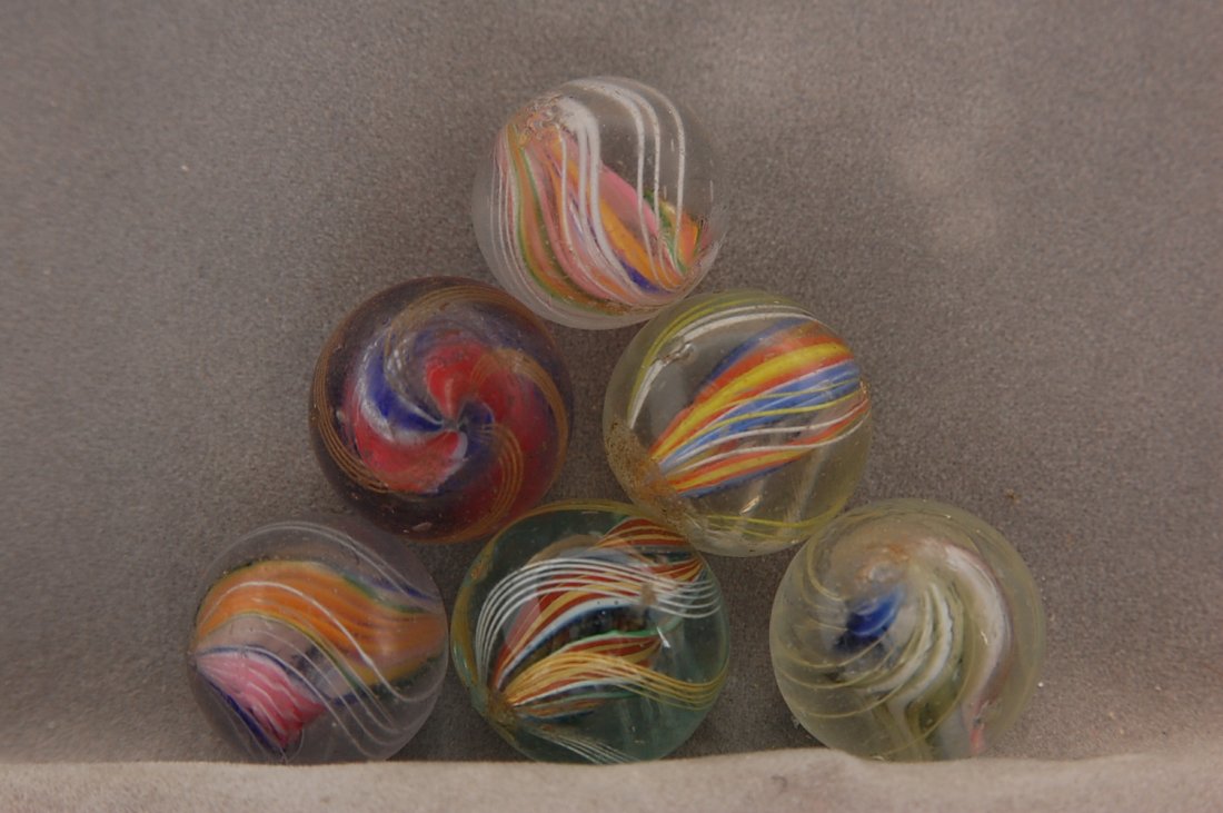 MARBLES 6 RIBBON CORE SWIRLS, HAND MADE 5/8''