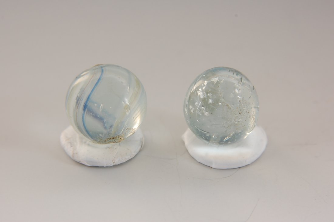 PEE-WEE MARBLES, 2 HAND MADE CLEAR MICA & SWIRL 1/2''