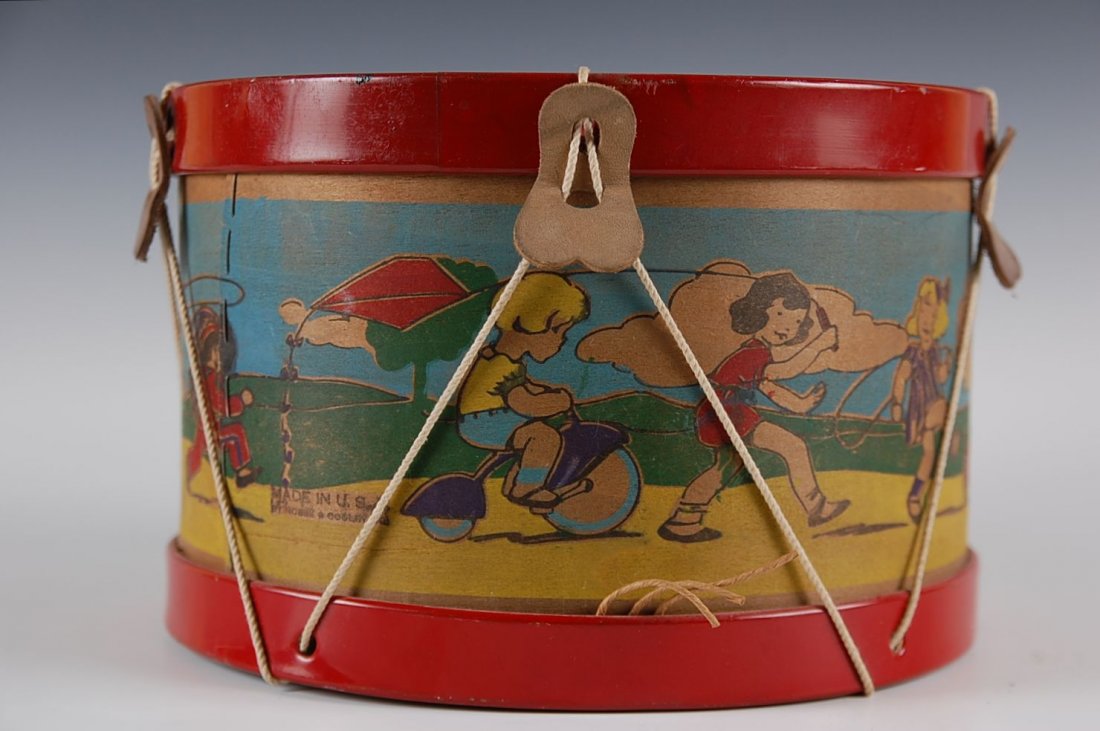 CIRCA 1925 TOY DRUM, WOOD BAND WITH CHILDREN AT PLAY: 6.75 x 10 inches.