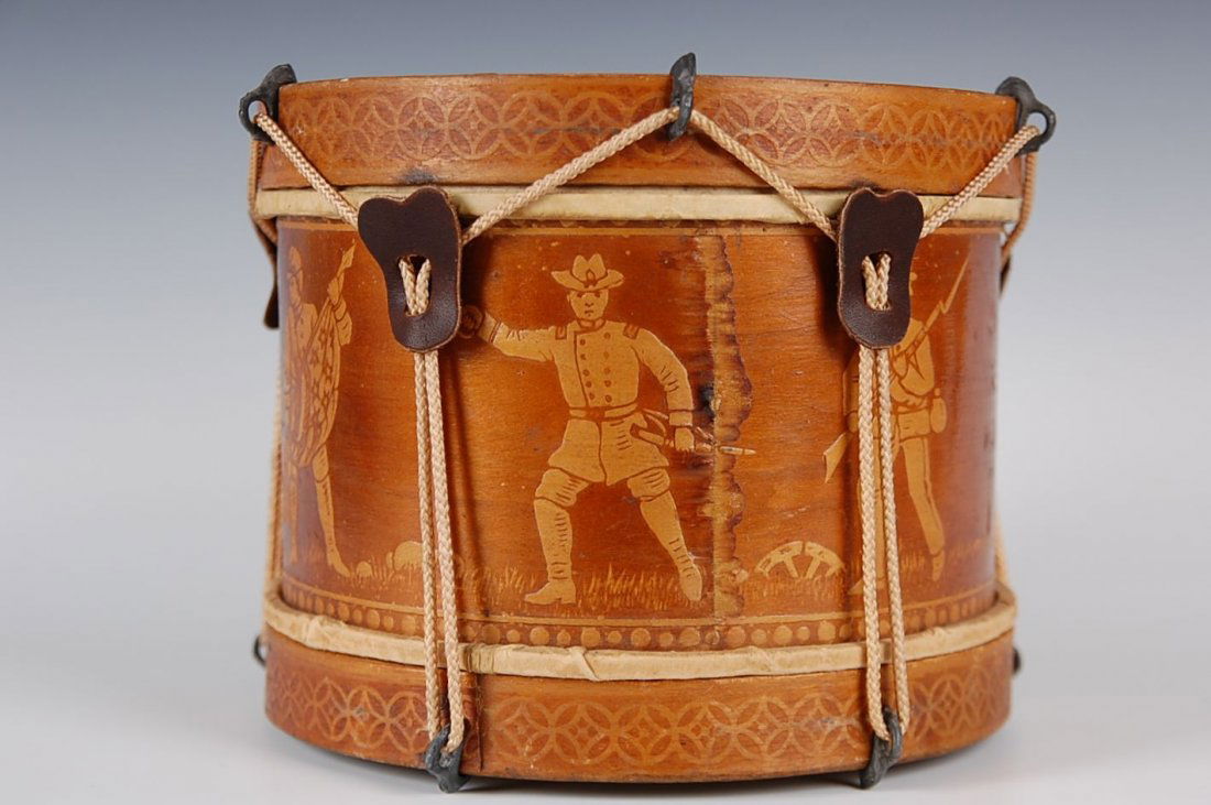 19TH-C. ALL WOOD TOY DRUM WITH CIVIL WAR SOLDIERS: 6 x 7 inches.