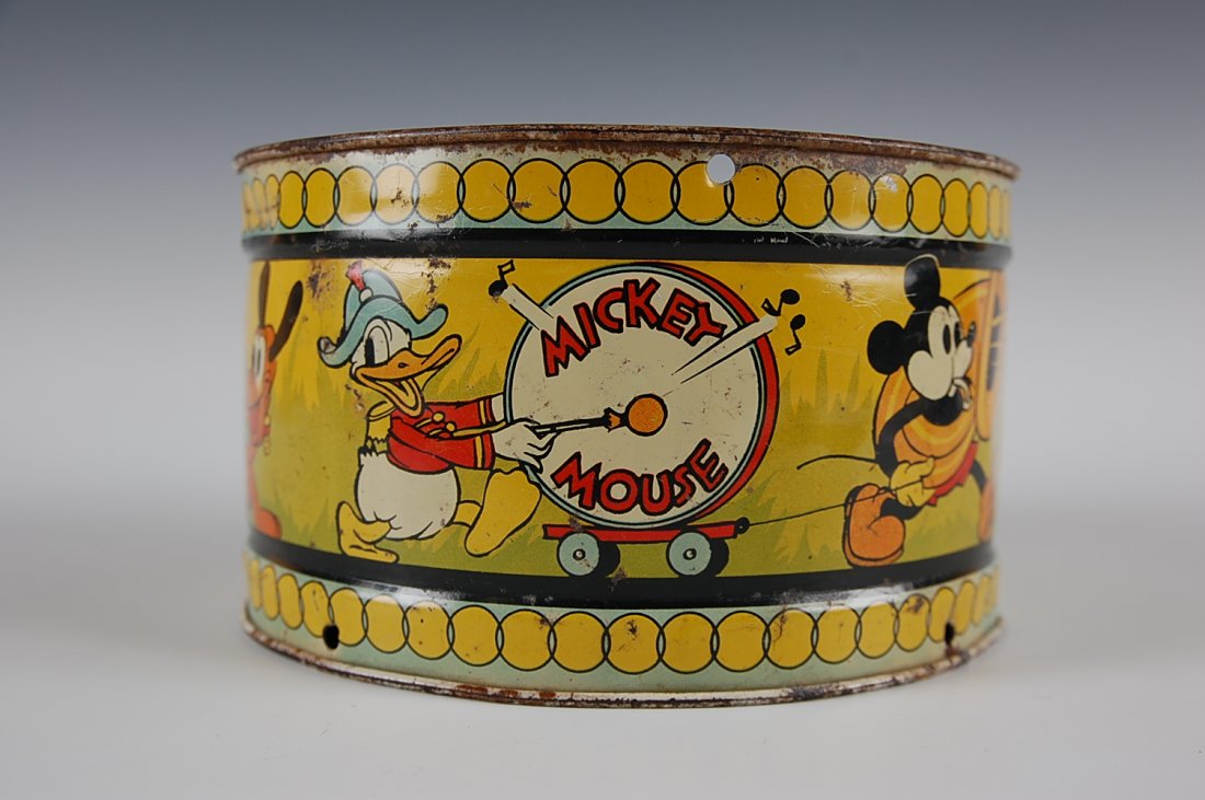 TIN LITHO TOY DRUM, MICKEY MOUSE, DISNEY ENTERPRISES: 3.75 x 6.5 inches.