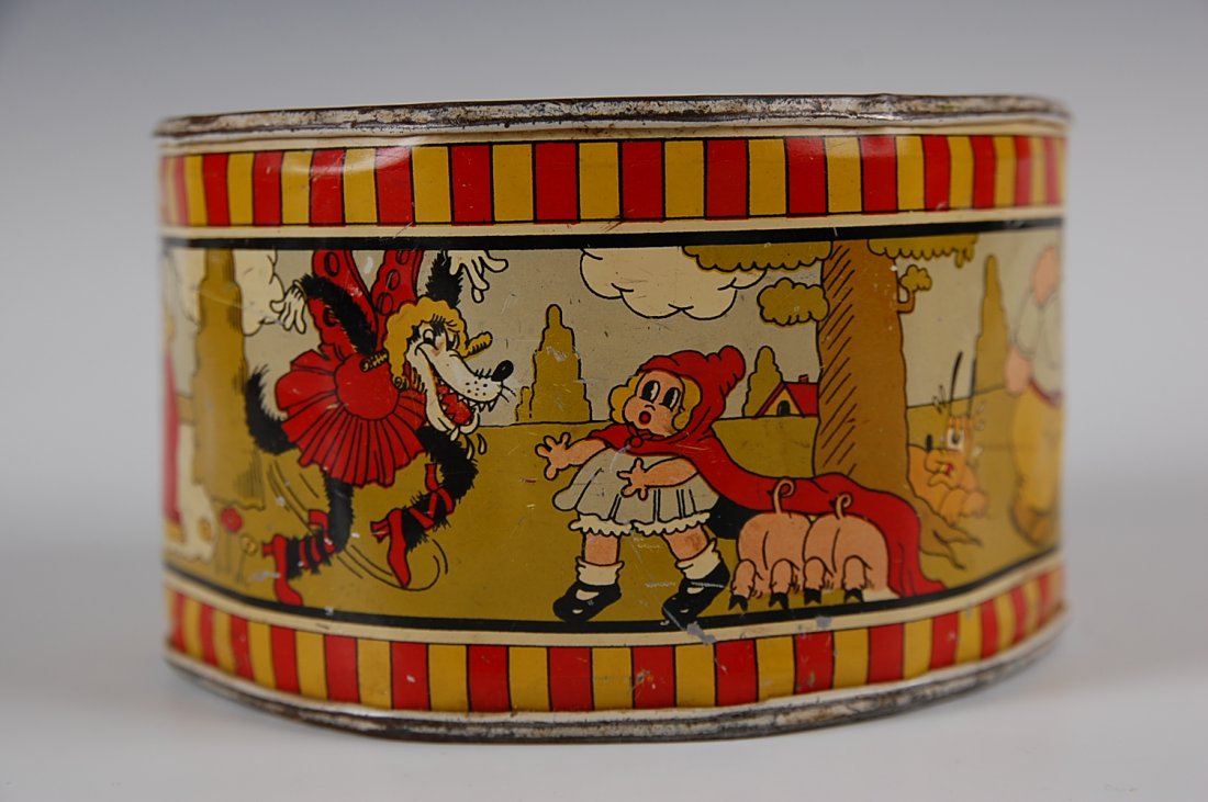 TIN LITHO TOY DRUM, POPEYE AND OTHERS: 3 x 5.25 inches.
