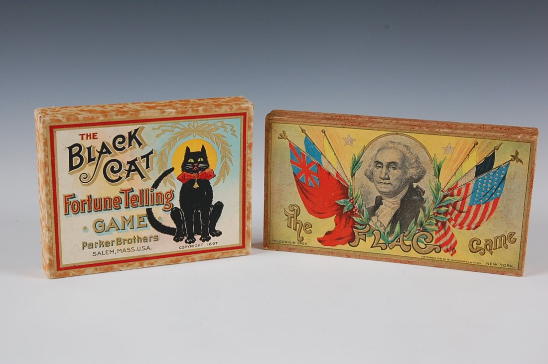 TWO LATE 19TH CENTURY BOXED PARLOR GAMES: The Black Cat Fortune Telling Game by Parker Brothers copyright 1897. And The Flag Game by McLouglin Brothers copyrighted 1887. Measurements of 5 x 6.5 and 4.5 x 8.5 inches respectively.
