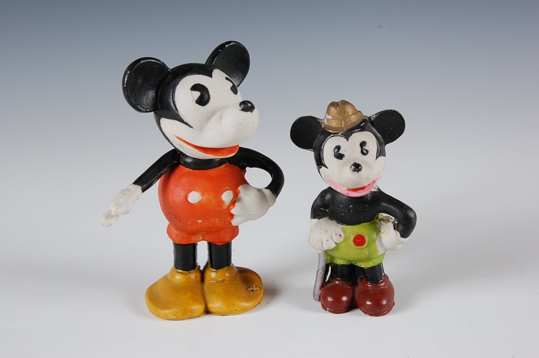 MICKEY MOUSE BISQUE TOOTHBRUSH HOLDER C. 1930: Plus a smaller bisque figure of Mickey Mouse marked Walt Disney on his behind. Measurements are 5 and 4.5 inches.