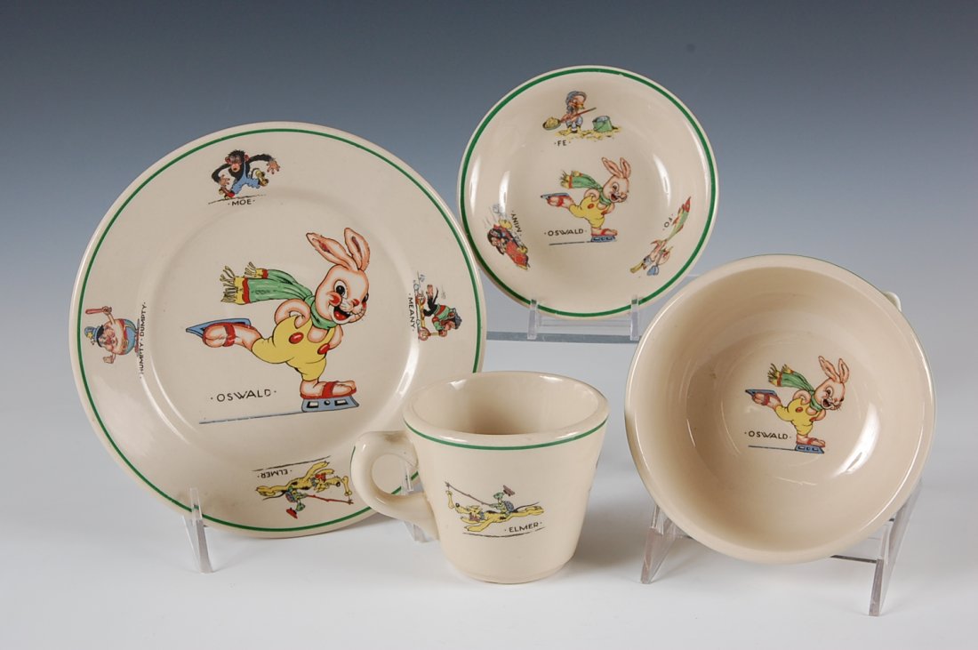 OSWALD RABBIT CHILDREN'S DISHES CIRCA 1946: Includes a 3 inch cup, 1 inch diameter cereal bowl, 5 inch diameter fruit bowl, 7 inch diameters plate. Made by Warwick China and dated 1946.