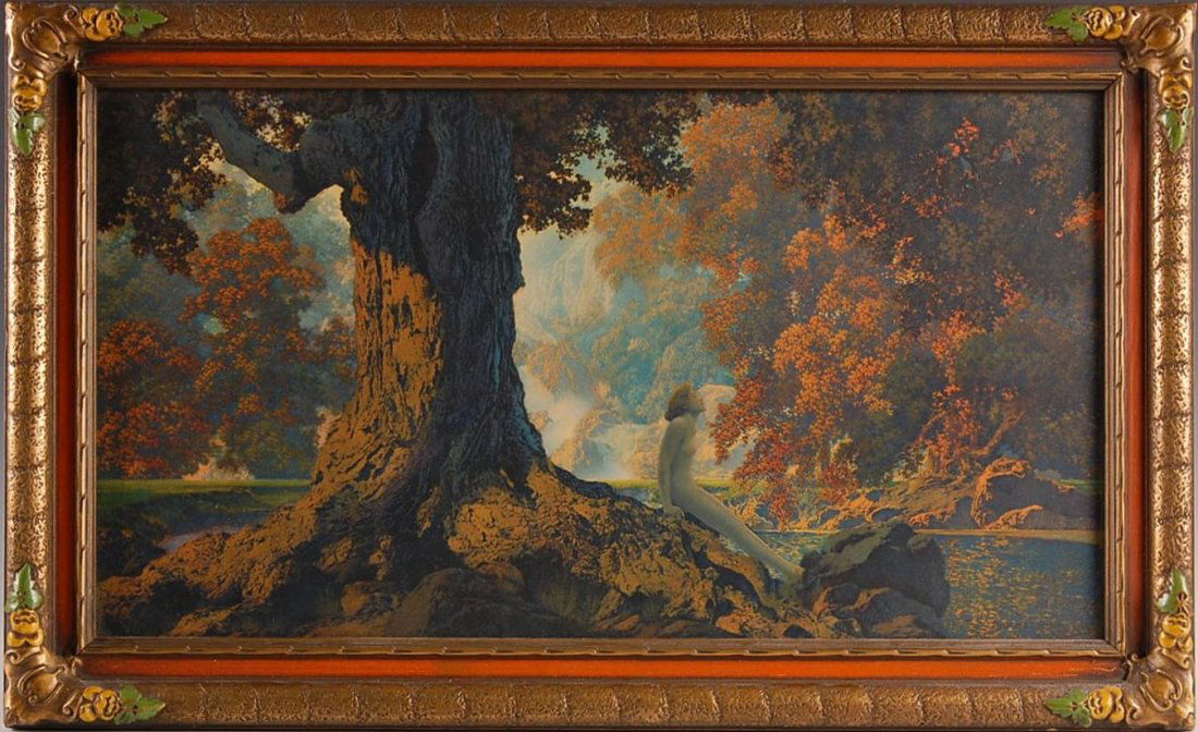 ORIGINAL MAXFIELD PARRISH PRINT TITLED 'DREAMING': Original frame and backing with clipped title. Measures 9.5 x 17.5 inch sight size through the frame opening and 12.5 x 20.5 inches overall.