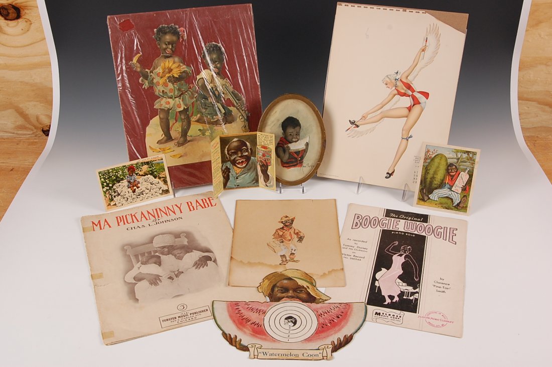 LOT OF BLACK EXPLOITATION ITEMS CIRCA 1910: Includes a die cut figure with two children, individual with watermelon, sheet music, original watercolor in oval frame, linen-era postcard, trading card, Sanford's Ginger trade card, a loose watercol