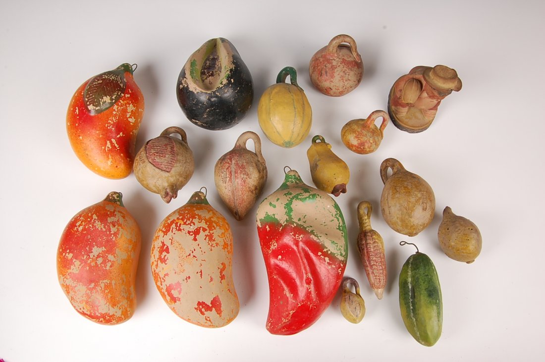 NICE LARGE LOT OF OLD MEXICAN POTTERY FIGURAL BANKS: Mostly gourd shaped, largest measures approximately 9 inches.