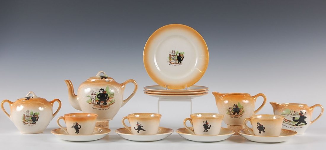 CIRCA 1930 FELIX THE CAT CHINA TEA SET BY BENNETT: A great set that depicts Felix in a variety of scenes with various captions and themes. Teapot measures 5 inches, sugar 4 inches, creamer 3 inches, saucers 5.25 inches, plates 6.25 inches and teacups 