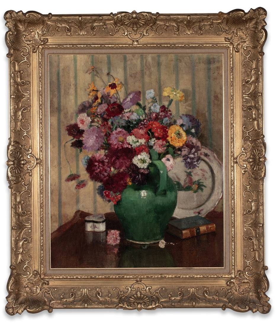 JEAN AUBERT-GRIS (1881-1972) ATTRIBUTED OIL ON CANVAS: Jeanne Marcelle Aubert-Gris (1881-1972) Interior Still life Circa 1920s The nicely atmospheric interior scene portrays a a tabletop still life with green terra cotta jug and flowers accompanied by a L
