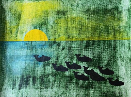 BENJAMIN CHEE (1944-1977) OIL ON CANVAS POD OF WHALES (1 of 10)