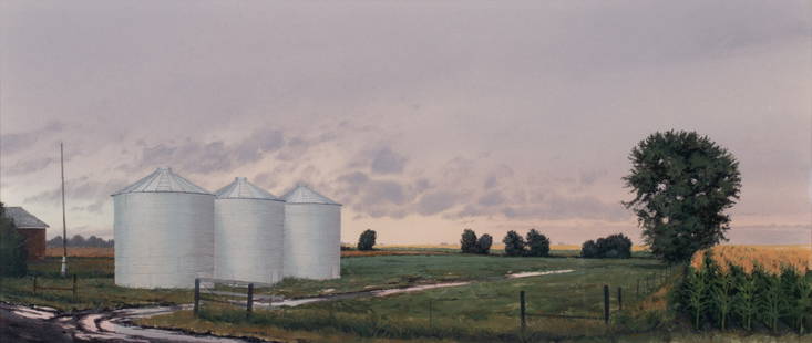 JAMES WINN (BORN 1949) ACRYLIC ON PAPER: James Winn (Born 1949) Study for Grain Bins 1992 The atmospheric work of serene realism depicts a midwest landscape before or after a storm and is signed with date lower right front, with title verso.