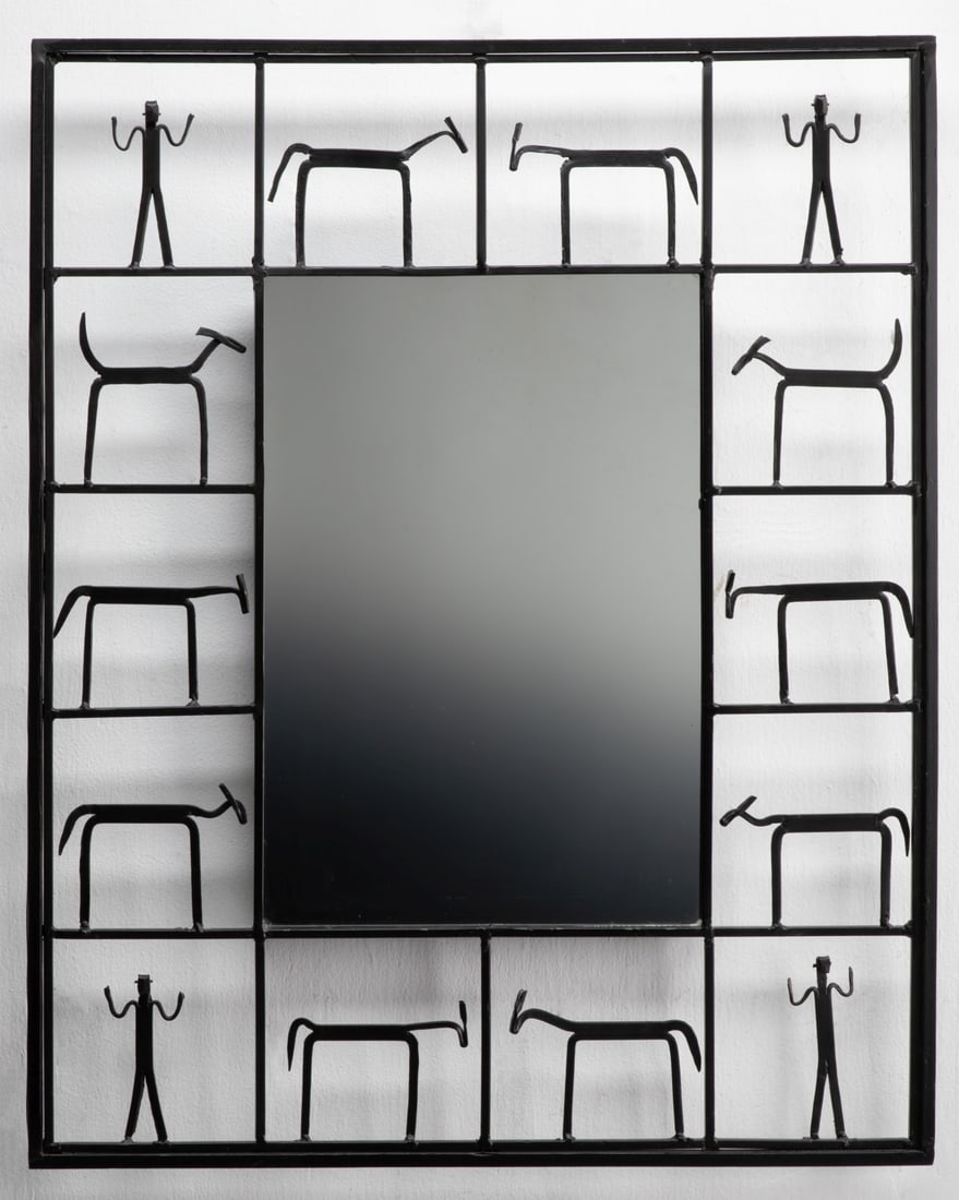 FREDERICK WEINBERG MIRROR WITH 14 SCULPTED IRON FIGURES: The mirror plate is housed in a forged iron frame displaying fourteen different wrought iron human and animal figures arranged within a segmented configuration. Measures 30.5 x 24 inches. Without proo