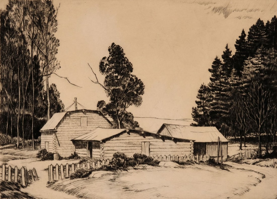 CHARLES M. CAPPS (1898-1981) PENCIL SIGNED ETCHING: Charles Merrick 'Chili/ Chile' Capps (1898-1981) Ontario Farm 1939 The drypoint etching published in an edition of 75 prints is signed by the artist in pencil below the image lower right and titled lo
