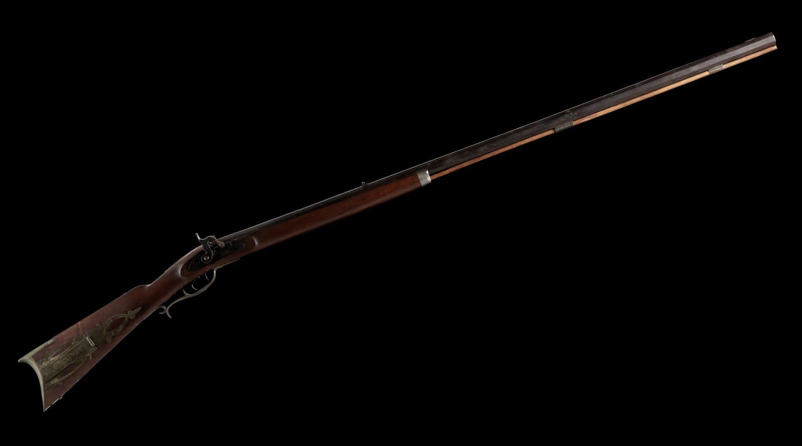 J&W ASTON WARRANTED HALF-STOCK KENTUCKY RIFLE: Half-stock Kentucky rifle with J&W Aston lock having double set triggers; octagonal barrel, pin fastened stock, rear and front blade sight. The brass furniture includes thimbles, butt plate and a pier