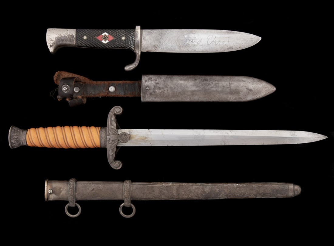 GERMAN HITLER YOUTH AND WWII ARMY OFFICER DAGGERS: Both daggers are found with their metal scabbards. Measures 10 and 15.5 inches long. Without proof of exemption, be aware that internet sales tax applies to all Internet transactions and local sales t