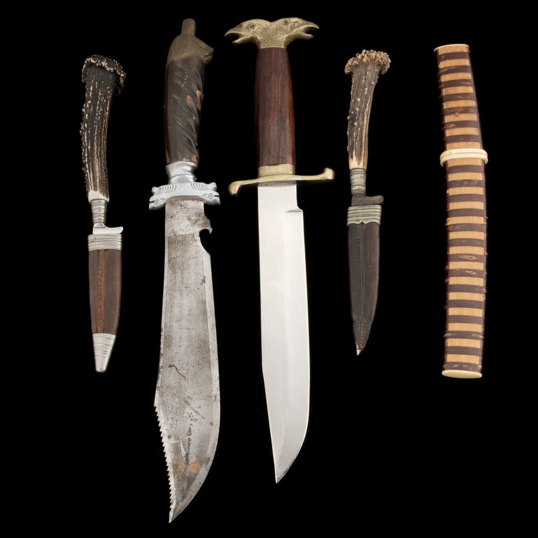 IMPERIAL GERMAN HUNTING KNIVES, JAPANESE TANTO: Three good edged weapons and collectible knives: 1. A Japanese tanto with wrapped sheet and handle, etched blade having a hand engraved dragon on the blade. 2. A Imperial German stag handle hunting sk