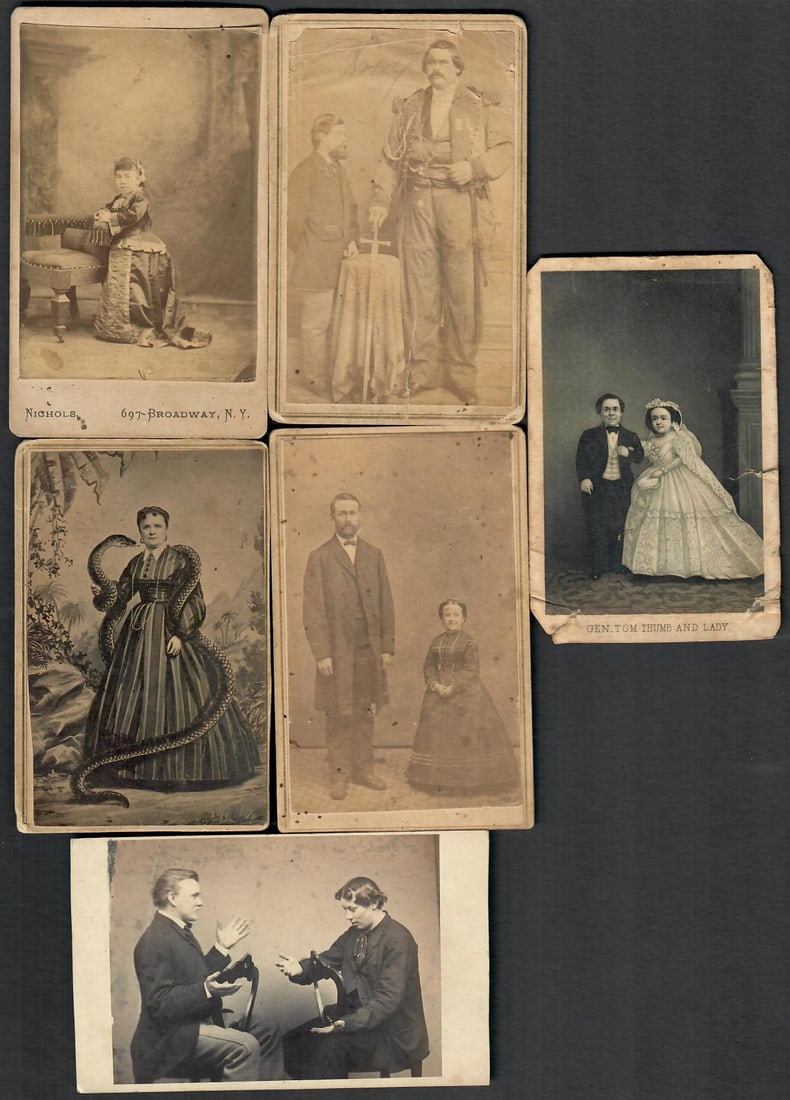 CDV IMAGES OF HUMAN CURIOSITIES INCLUDING CIRCUS GIANT: Four mounted photographic images, plus two other printed images. The largest measures 4.25 x 2.5 inches. Without proof of exemption, be aware that internet sales tax applies to all Internet transactio