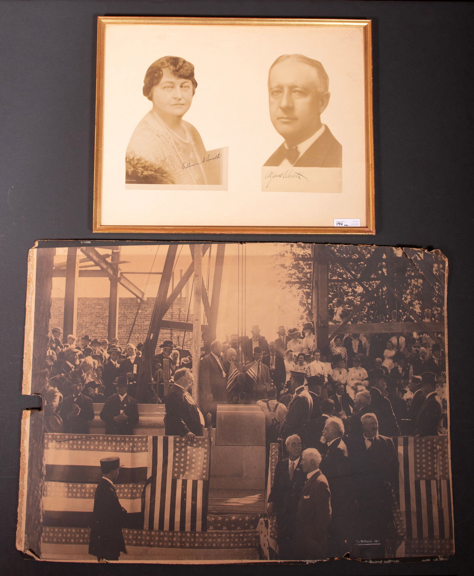 WILLIAM H. TAFT UNCOMMON IMAGE & AL SMITH SIGNED PHOTO: 1. An outsized photogravure of William Howard Taft, an image of which no other version could be found, inscribed Willard 1911 with copyright symbol lower right. 2. Diecut mounted photographs of New Yo